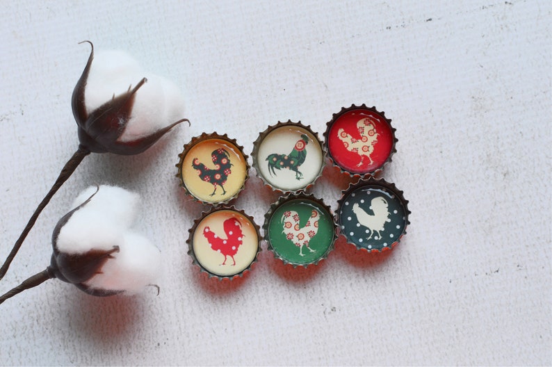 Farmhouse Kitchen Upcycled Bottlecap Magnets Country Chickens and Roosters Super Strong Bottlecap Magnets image 6