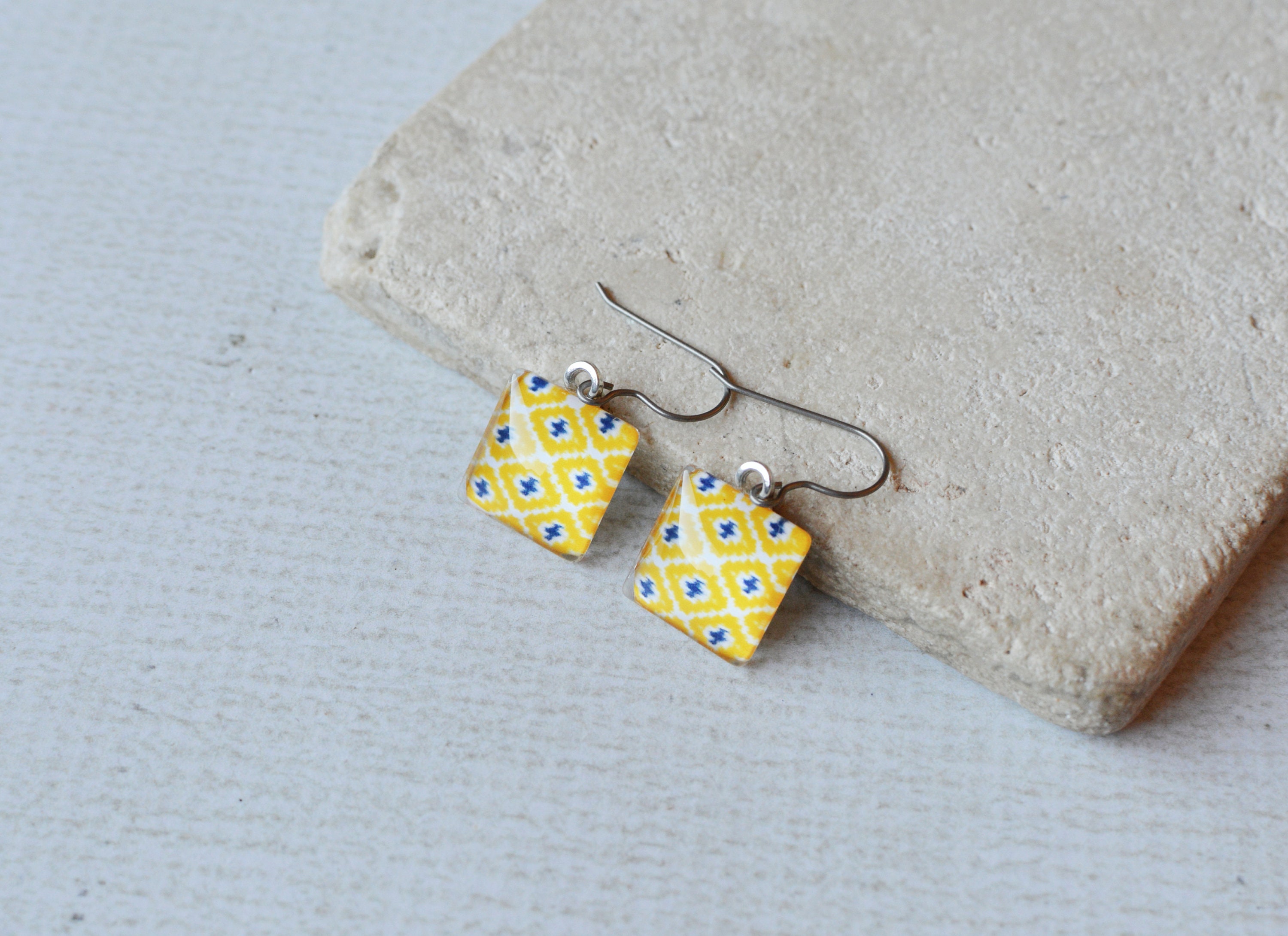 Southwest Aztec Inspired Glass Earrings- Yellow, Dark Blue