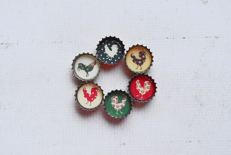 Farmhouse Kitchen Upcycled Bottlecap Magnets Country Chickens and Roosters Super Strong Bottlecap Magnets image 7