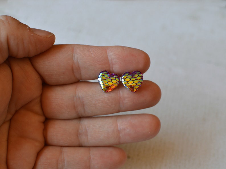 Titanium Earrings Mermaid Scales Red Earring Studs Heart Etsy