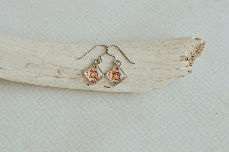 Orange Mandala Dangle Earrings Short Dangles Boho Glass Earrings Bohemian Gift Titanium Dangle Earrings Orange Flower Tribal Earrings image 5