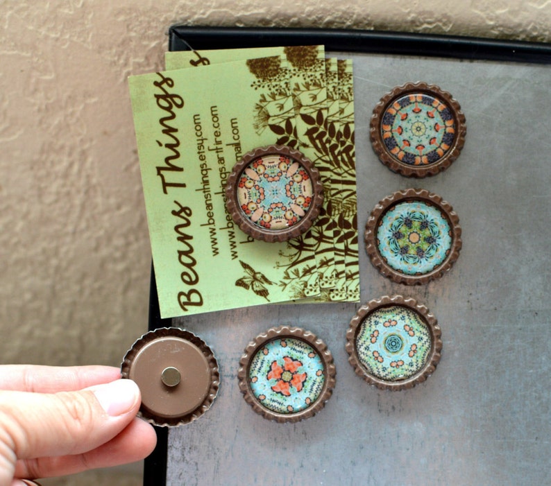 Kaleidoscope Magnets Mandala Fridge Magnets Refrigerator Magnets, Fridge Magnet, Brown, Teal, Orange Magnets, Set of 6 with Gift Bag image 3