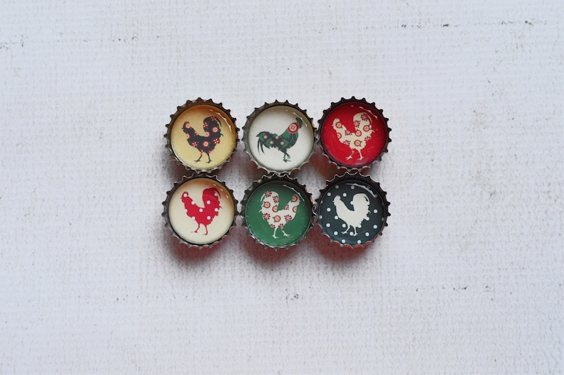 Farmhouse Kitchen Upcycled Bottlecap Magnets Country Chickens and Roosters Super Strong Bottlecap Magnets image 4