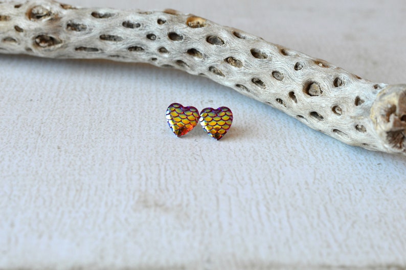 Titanium Earrings Mermaid Scales Red Earring Studs Heart Etsy