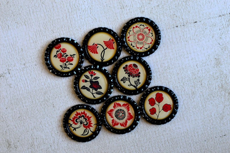Asian Flower Magnets Red, Black and Cream Floral Bottlecap Magnets Asian Japanese Decor Strong Fridge Magnets Gift Under 10 Friend Gift image 1