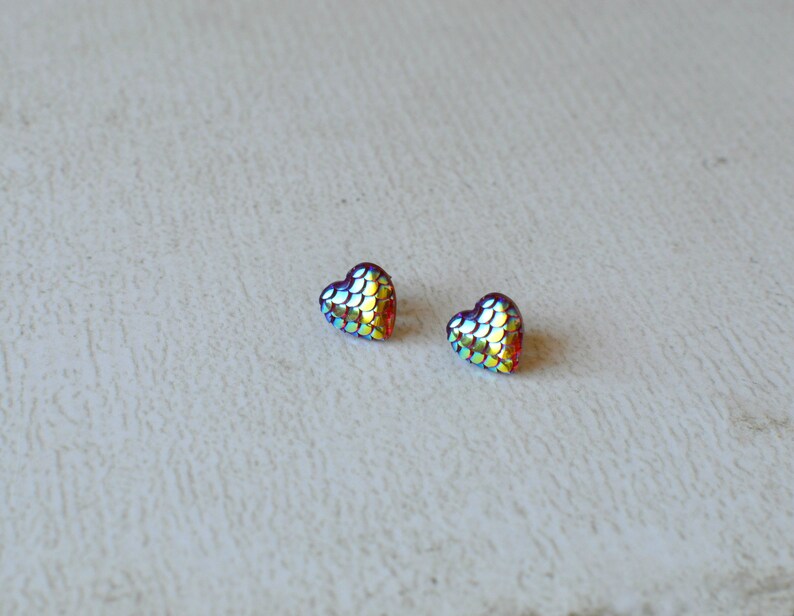 Titanium Earrings Mermaid Scales Red Earring Studs Heart Etsy