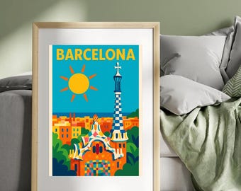 Barcelona Travel Poster | Bright Modern Wall Art Print | Colorful Spain Digital Download | Mediterranean Home Decor