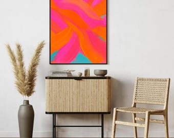 Abstract Neon Acrylic Art Print | Bright Pink, Orange & Teal Wall Art | Modern Colorful Digital Download