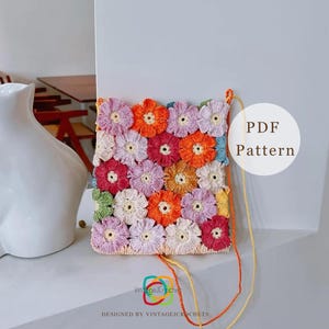 CROCHET PATTERN ⨯ Monet&#39;s Garden Flower Tote Bag, Flower Purse Crochet Pattern – Colorful Granny Square Bag – Summer Crossbody DIY Pattern