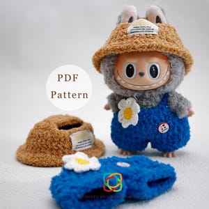 Spring Picnic Labubu Outfit Crochet Pattern · PDF Doll Clothes · Cute Overalls & Hat · Kawaii Amigurumi Costume for Labubu Fans