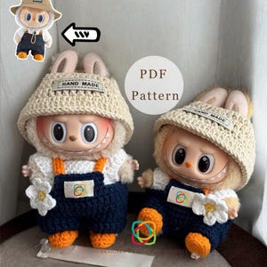 Spring Picnic 2.0 Labubu Outfit Crochet Pattern · PDF Doll Clothes · Cute Overalls & Hat · Kawaii Amigurumi Costume for Labubu Fans