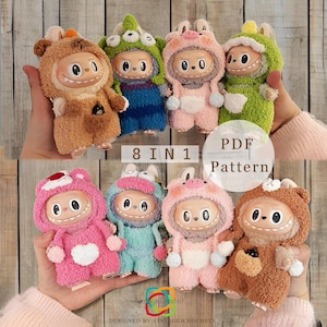 PDF+Video Labubu Crochet Clothes Pattern – 8in1 Amigurumi Doll Outfits PDF Plush Costume Set –Labubu Accessories Pattern, Fits Gen 1/2/3