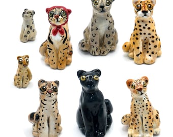 Handmade Wild Cat Sculpture Figurines : Cheetah, Snow Leopard, Ocelot, Panther, Leopard, Tiger