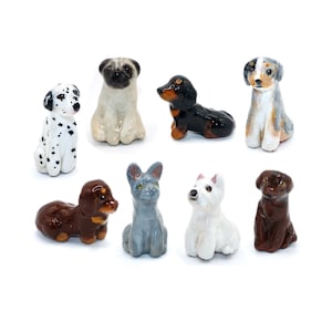 Miniature DOG Handmade Figurines, Scottish Terrier, Dachshund, Australian Shepard, Bulldog, Dalmatian, Border Collie, pug