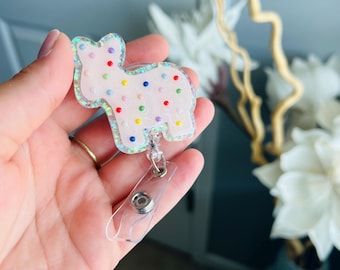 animal cookie badge reel| retractable badge reel| nurse| teacher| pink animal cookie with sprinkles | cute badge reel
