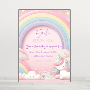 Magisches Einhorn Geburtstag Rosa Party Einladungskarte - Magisches Design, Printable, Text Message Invite. Vervollkommnen Sie für die Feier des kleinen Mädchens.