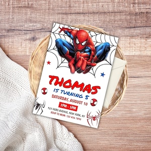 Bearbeitbare Spiderman-Geburtstagseinladungsvorlage, druckbare Party einladen, Spiderman-Karte für die digitale Kinderparty