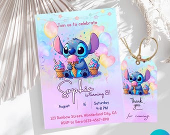 Editable Stitch Birthday Invitation Template, Cute Cartoon Kids Party Invite, Canva 5x7 inches, Instant Digital Download