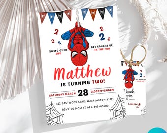 Plantilla de invitación de cumpleaños de Spiderman para el segundo cumpleaños, invitación editable para fiesta de superhéroes Spidey, invitación de cumpleaños para niño, Canva, descarga digital instantánea.