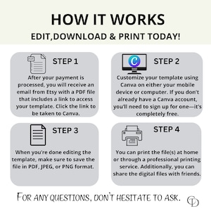 Puede incluir: Una gu&iacute;a de cuatro pasos sobre c&oacute;mo editar, descargar e imprimir una plantilla usando Canva. Los pasos son: 1. Despu&eacute;s del pago, reciba un correo electr&oacute;nico con un archivo PDF que contiene un enlace para acceder a su plantilla. 2. Personalice su plantilla usando Canva en su dispositivo m&oacute;vil o computadora. 3. Guarde su plantilla editada en formato PDF, JPEG o PNG. 4. Imprima el archivo en casa o a trav&eacute;s de un servicio de impresi&oacute;n profesional.