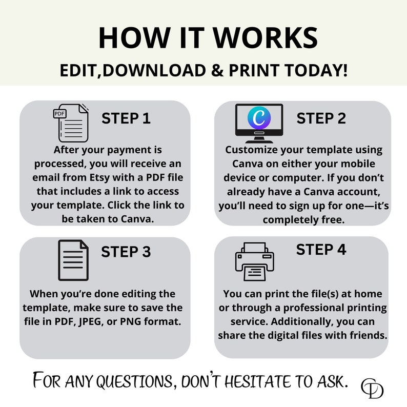 Puede incluir: Una gu&iacute;a de cuatro pasos sobre c&oacute;mo editar, descargar e imprimir una plantilla usando Canva. Los pasos son: 1. Despu&eacute;s del pago, reciba un correo electr&oacute;nico con un archivo PDF que contiene un enlace para acceder a su plantilla. 2. Personalice su plantilla usando Canva en su dispositivo m&oacute;vil o computadora. 3. Guarde su plantilla editada en formato PDF, JPEG o PNG. 4. Imprima el archivo en casa o a trav&eacute;s de un servicio de impresi&oacute;n profesional.