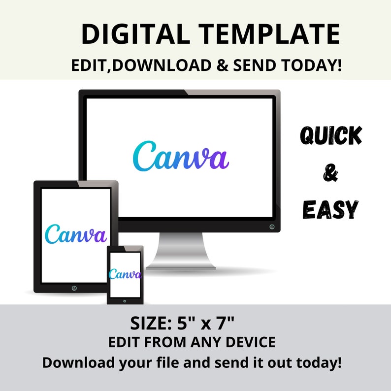 Puede incluir: Una plantilla digital para Canva, que se muestra en la pantalla de una computadora y una tableta. La plantilla mide 5 pulgadas por 7 pulgadas y se puede editar desde cualquier dispositivo. El texto "R&Aacute;PIDO Y F&Aacute;CIL" tambi&eacute;n se muestra en la imagen.