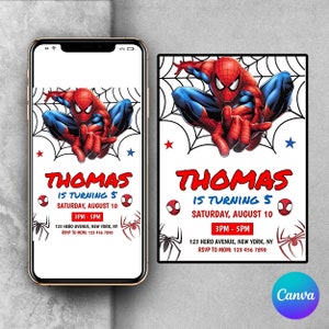 Puede incluir: Una invitaci&oacute;n imprimible para una fiesta de cumplea&ntilde;os infantil de 5 a&ntilde;os. La invitaci&oacute;n presenta una imagen de dibujos animados de Spiderman con un traje rojo y azul, con un dise&ntilde;o de telara&ntilde;a en el fondo. El texto de la invitaci&oacute;n dice: "Thomas cumple 5 a&ntilde;os, s&aacute;bado 10 de agosto, 15:00 - 17:00, 123 Hero Avenue, Nueva York, NY, RSVP a mam&aacute;: 123 456 7890".