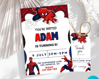Plantilla de invitación de cumpleaños de Spiderman editable, invitación imprimible, tarjeta de Spiderman para fiesta infantil digital, descarga instantánea