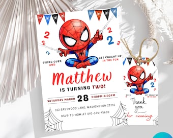 Plantilla de invitación de cumpleaños de Spiderman para el segundo cumpleaños, invitación editable para fiesta de superhéroes, invitación de cumpleaños imprimible de Spidey, descarga digital instantánea.