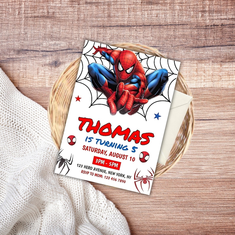Editable Spider-Man Birthday Invitation Template - Swing Into the Party Spirit! This digital invitation allows you to step into the shoes of a hero and personalize a call to action for all the amazing friends and family ready to celebrate.