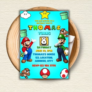 Faire-part d'anniversaire numérique Super Mario Bros, modèle de carte d'invitation modifiable Mario Party canva Analyze liste