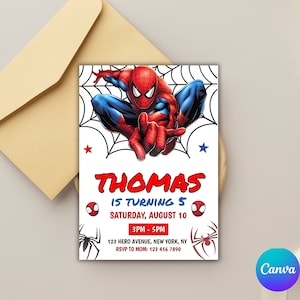 Puede incluir: Un personaje de Spiderman rojo y azul se presenta sobre un fondo blanco con un dise&ntilde;o de telara&ntilde;a negra. El texto "THOMAS IS TURNING 5" est&aacute; en rojo y negro. El texto "SATURDAY, AUGUST 10" est&aacute; en negro. El texto "3PM - 5PM" est&aacute; en negro. El texto "123 HERO AVENUE, NEW YORK, NY" est&aacute; en negro. El texto "RSVP TO MOM: 123 456 7890" est&aacute; en negro. Esta es una invitaci&oacute;n de cumplea&ntilde;os imprimible.