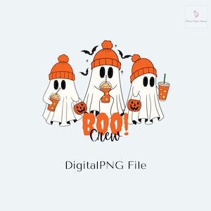 May include: Three cartoon ghosts wearing orange and white hats, holding pumpkin-shaped buckets and orange drinks. The text "BOO! Crew" is below the ghosts.