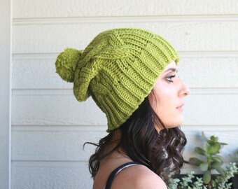Slouchy Cable Braided Beanie, Pistachio Green Winter Hat, Pompom Hat, Warm Beret, Christmas Gift