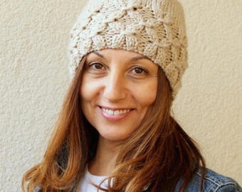 Winter Knit Hat, Pom Pom Hat, Hand Knitted Hat, Autumn Slouchy Beret, Slouchy Hat, Pompom Hat, Oatmeal Beret,  Chunky Hat