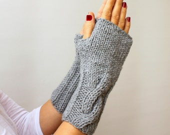 Light Grey Fingerless Gloves, Warm Gloves, Cable Knitted Fingerless Gloves, Christmas Gift, Black Friday Sale,Gift For Her