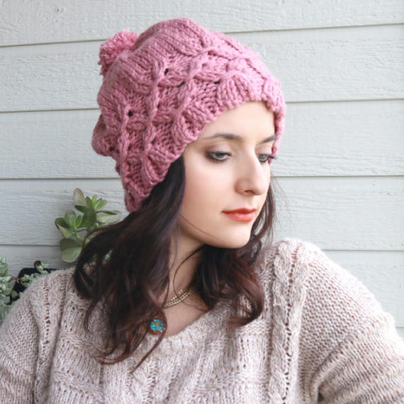 Dust Rose Pink Sparkle Beanie • Chunky Knit Baggy Hat  display picture 1