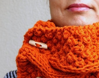 Chunky Knit Scarf, Cowl Scarf, Pumpkin Chunky Scarf, Autumn Scarf, Burnt Orange Cable Scarf, Hand Knit Cowl, Neck Warmers