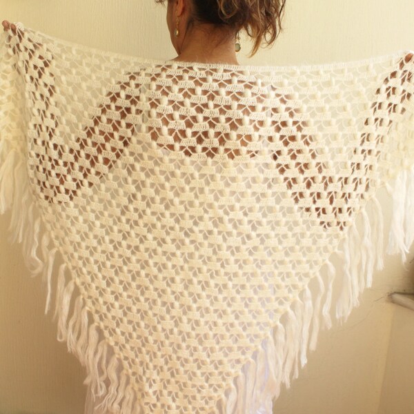 CIJ SALE Womens Off White Cream Triangle Lace Crochet Mohair Shawl with Fringe