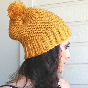 Slouchy Beanie, Mustard Yellow Winter Hat, Pompom Hat, Warm Beret, Christmas Gift, Winter Accessories