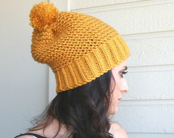Slouchy Beanie, Mustard Yellow Winter Hat, Pompom Hat, Warm Beret, Christmas Gift, Winter Accessories
