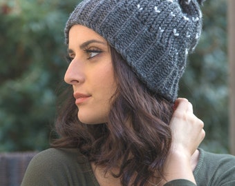Chunky Hand Knitted Hat, Black Slouchy Hat, Women Knitted Beret, Small Heart Beanie, Pom Pom Hat, Gift For Her