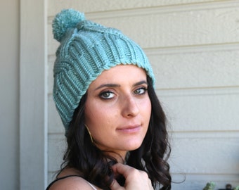 Slouchy Cable Braided Beanie, Mint Blue Winter Hat, Pompom Hat, Warm Beret, Gift For Her