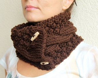 Chocolate Brown Chunky Scarf,  Knit Cable Cowl, Neck Scarf With Buttons