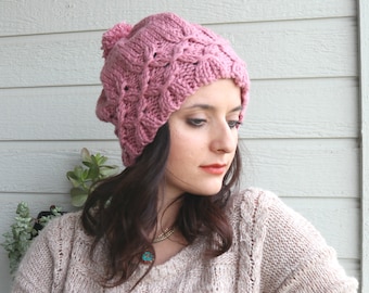 Winter Hat, Dust Rose Pink Sparkle Chunky Baggy Beanie, Knitted
