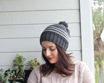 Unisex  Slouchy Beanie, Slate Gray Stripped Winter Hat, Pompom Hat, Warm Beret, Christmas Gift