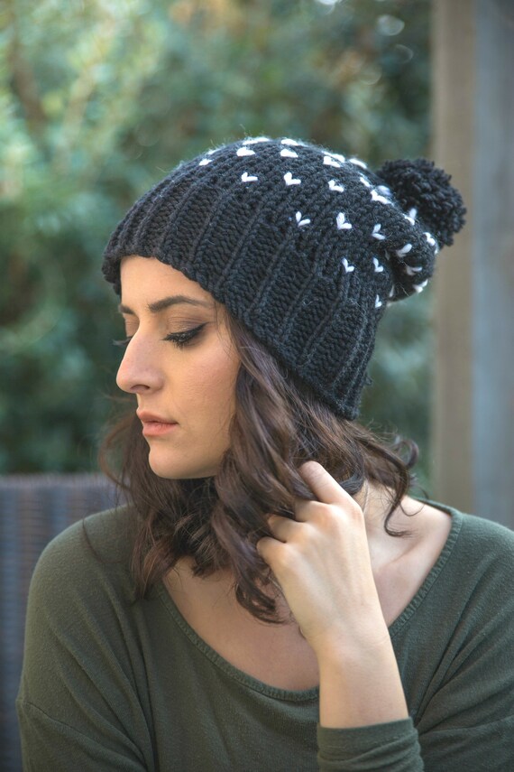 Chunky Hand Knitted Hat, Black Slouchy Hat, Women Knitted Chunky Hand Knitted Hat, Black Slouchy Hat, Women Knitted