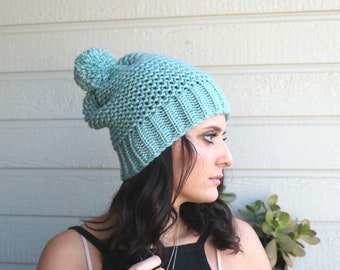 Slouchy Beanie, Mint Blue Winter Hat, Women's Hat, Pompom Hat, Christmas Gift