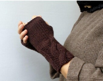 Chocolate Brown Fingerless Gloves,  Knitted Fingerless Mittens, Cable Fingerless Gloves, Hand Knitted Gloves