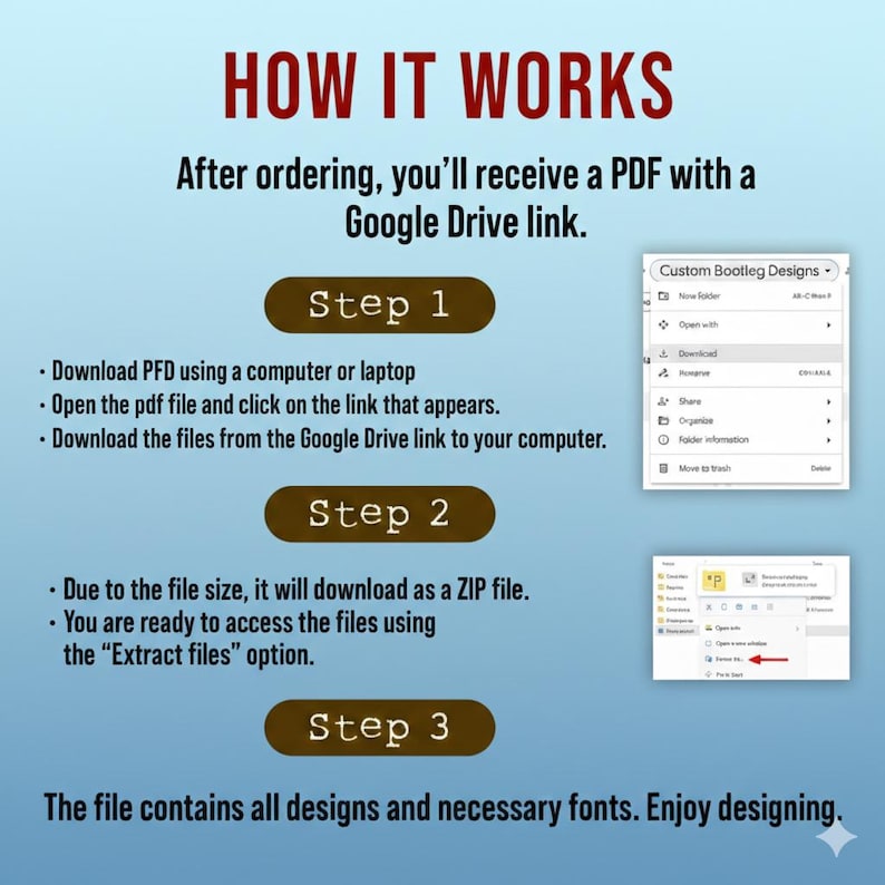 May include: An infographic titled "HOW IT WORKS" on a blue gradient background. It details the steps to download files after ordering, including downloading a PDF, opening a link, and extracting files. The text is accompanied by screenshots.
